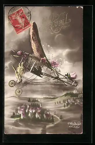 Präge-AK Flugzeug mit gigantischem Fisch und Rose beladen