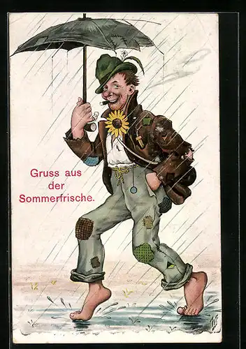 Künstler-AK Willi Scheuermann: Rauchender Mann in dreckigen Lumpen läuft barfuss durch den Regen