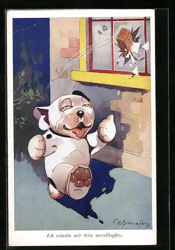 Künstler-AK George Ernest Studdy: Bonzo wirft einen Ziegelstein durchs Fenster