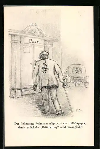 Künstler-AK H. Starkloff: Der Postbeamte mit seiner Glückspuppe