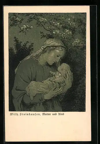 Künstler-AK Wilhelm Steinhausen: Mutter und Kind nachts im Wald