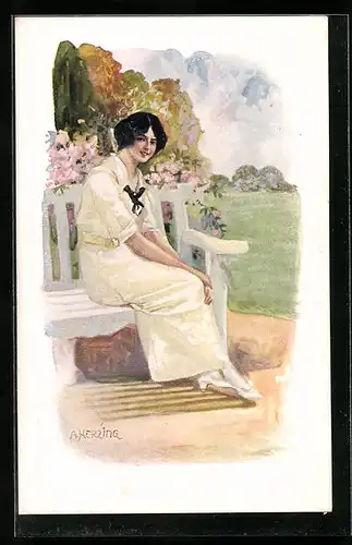 Künstler-AK sign. A. Herzing: Junge Dame im blühenden Rosengarten