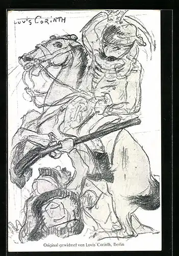 Künstler-AK sign. Lovis Corinth: Berittener Krieger mit am Boden liegendem Wanderer