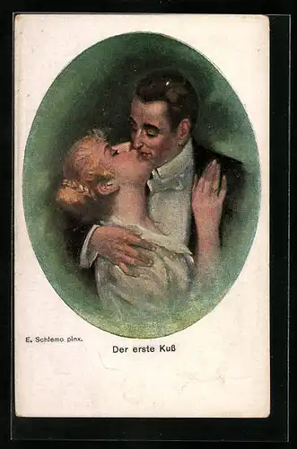 Künstler-AK Ernst Schlemo: Der erste Kuss, Leidenschaftlicher Kuss eines sich liebenden Pärchens