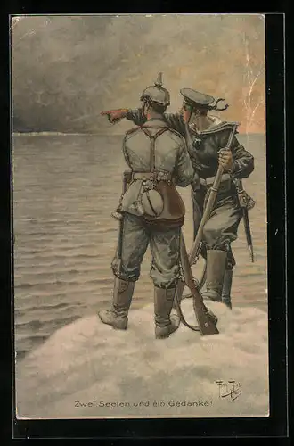 Künstler-AK Arthur Thiele: Zwei Seelen und ein Gedanke! Soldat und Matrose auf Eisscholle