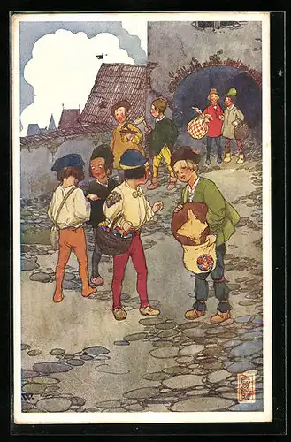 Künstler-AK sign. J. Wemig: Junge Knirpse mit beladenen Säcken zur Osterzeit