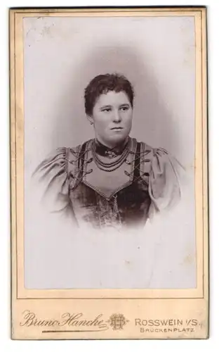 Fotografie Bruno Hancke, Rosswein, Brückenplatz, Junge Frau in Kleid mit Puffärmeln