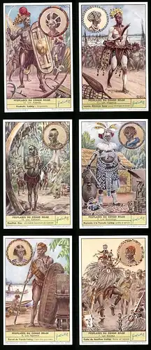 6 Sammelbilder Liebig, Serie Nr.: 1626, Serie 7-12, Peuplades du Congo Belge, Afrikaner, Ureinwohner