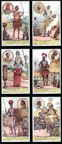 6 Sammelbilder Liebig, Serie Nr.: 1626, Serie 1-6, Peuplades du Congo Belge, Afrikaner, Ureinwohner