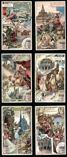 6 Sammelbilder Liebig, Serie Nr.: 692, Kuststyle, Renaissance, Gothik, Rokoko, Antik, Romanisch, Orientalisch