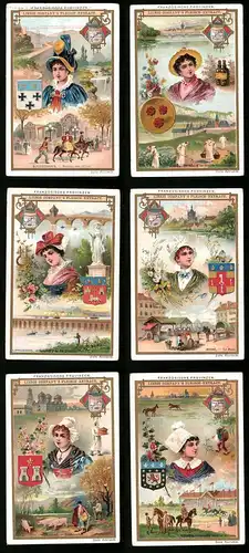 6 Sammelbilder Liebig, Serie Nr.: 533, Französische Provinzen, dauphine, Maine, Foitou, Trachten, Berufe