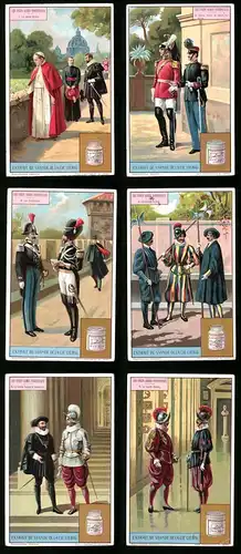 6 Sammelbilder Liebig, Serie Nr.: 1167, Les Corps Armes Pontificaux, schweizer Garde, Garde Suisse, Gendarmes
