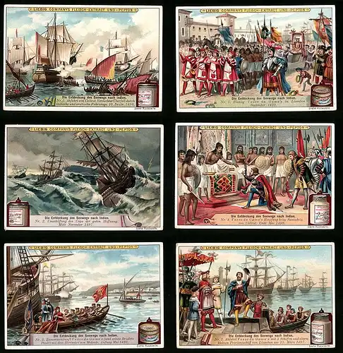 6 Sammelbilder Liebig, Serie Nr.: 524, Die Entdeckung des Seewegs nach Indien, Vasco Da Gama
