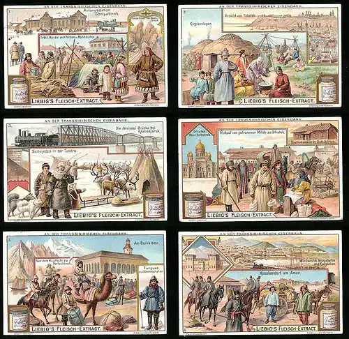 6 Sammelbilder Liebig, Serie Nr.: 775, An der Transsibirischen Eisenbahn, Amur, Irkutsk, Krasnojarsk, Chelyabinsk