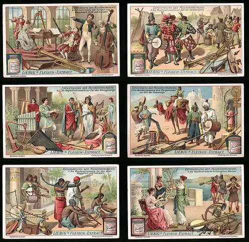 6 Sammelbilder Liebig, Serie Nr.: 1008, Etwicklung der Musikinstrumente, Aegypten u. Hebräer, Altertum, Morgenland
