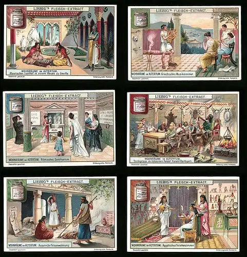 6 Sammelbilder Liebig, Serie Nr.: 875, Wohnräume im Altertum, Toilettenzimmer, Haral Harfger, Sanctuarium, Musikzimmer