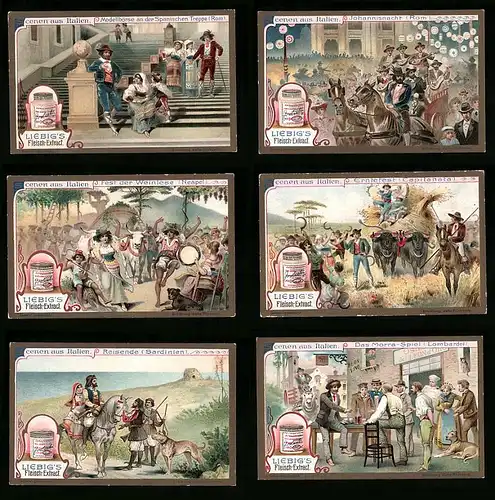 6 Sammelbilder Liebig, Serie Nr.: 911, Scenen aus Italien, Morra-Spiel, Reisende Sardinien, Erntefest, Weinlese, Rom