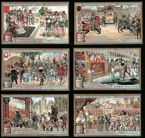 6 Sammelbilder Liebig, Serie Nr.: 699, Festlichkeiten im Mittelalter, Reigentanz, Myterienaufführung, Regatta, Tjost