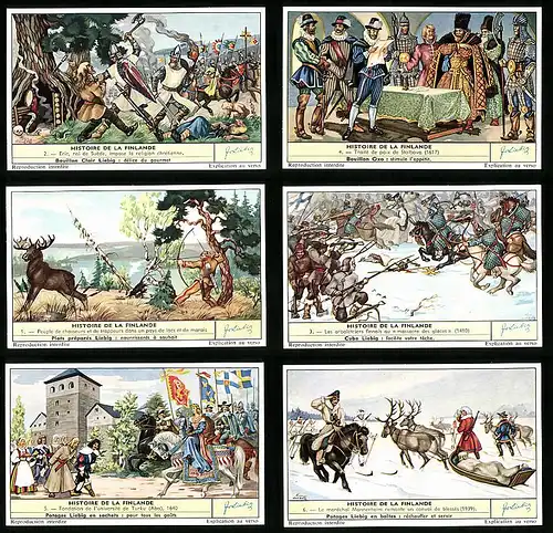 6 Sammelbilder Liebig, Serie Nr.: 1761, Histoire de la Finlande, Mannerheim, Turku, Massacre des glaces, Jagd, Stolbova
