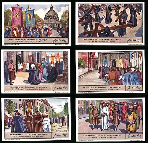 6 Sammelbilder Liebig, Serie Nr.: 1341, Processions et Pelerinages en Belgique, Bruges, Hasselt, Saint-Hubert, Anderlech