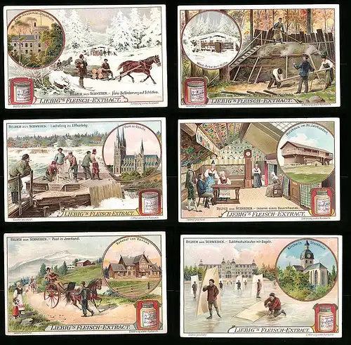 6 Sammelbilder Liebig, Serie Nr.: 869, Bilder aus Schweden, Schluttschuh, Post, Bauernhaus, Lachsfang, Holzkohle