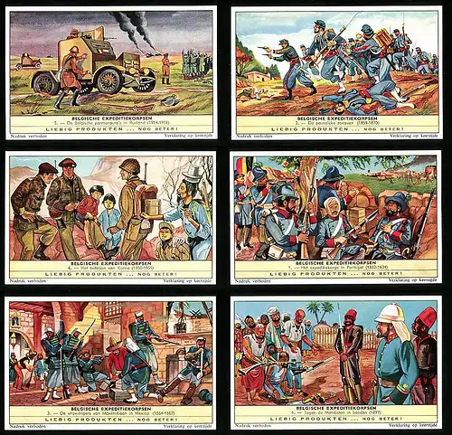 6 Sammelbilder Liebig, Serie Nr.: 1773, Belgische Expedtiekorpsen, Soedan, Mexico, Portugal, Korea, Zoeaven, Rusland