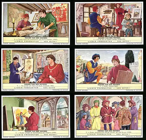 6 Sammelbilder Liebig, Serie Nr.: 1764, Rogier van der Weyden, Brussel, Trajanus, Italie, Karel de Stoute, Robert Campin
