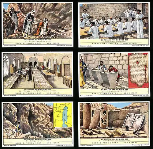 6 Sammelbilder Liebig, Serie Nr.: 1779, De Rollen van de Dode Zee, Scriptorium, Jeruzalem, Qoemraan, Binnenzicht