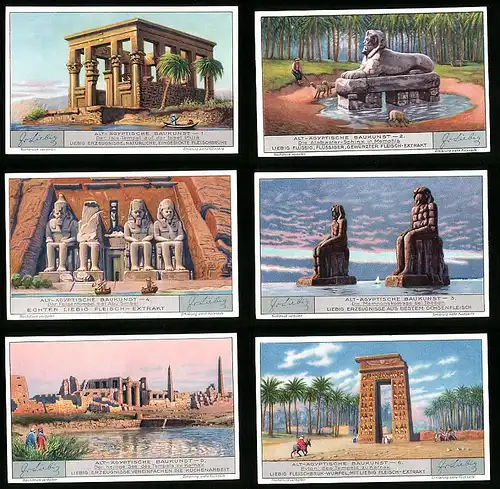 6 Sammelbilder Liebig, Serie Nr.: 1248, Alt-Ägyptische Baukunst, Karnak, Theben, Abu Simbel, Isis-Tempel, Sphinx Memphis