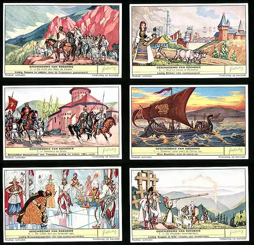 6 Sammelbilder Liebig, Serie Nr.: 1745, Geschiedenis van Roemenie, Jajdoeks, Sultan, Trajanus, Stephanus de Grote, Radu