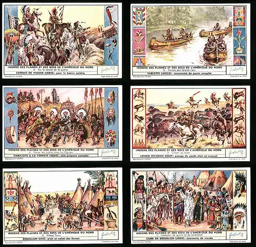 6 Sammelbilder Liebig, Serie Nr.: 1641, Indiens des Plaines et des Bois de l`Amerique du Nord, Indianer