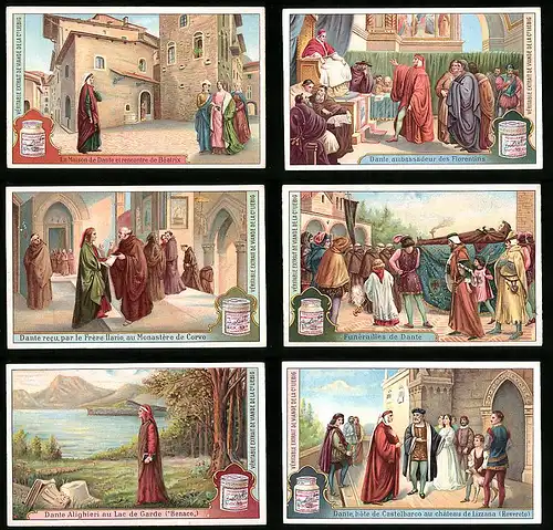 6 Sammelbilder Liebig, Serie Nr.: 1116, Dante, Castelbarco, Lac de Garde, Funerailles, ambassadeur Florentins, Beatrix