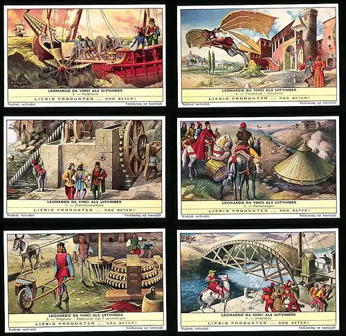 6 Sammelbilder Liebig, Serie Nr.: 1778, Leonado da Vinci als uitvinder, Draaibrug, Wegmeter, Pantserwagen, Valscherm