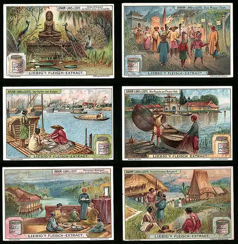 6 Sammelbilder Liebig, Serie Nr.: 904, Anam-Land und Leute, Bergdorf, Alte Pagode, Saigon, Maqui Fest, Göttin Uma