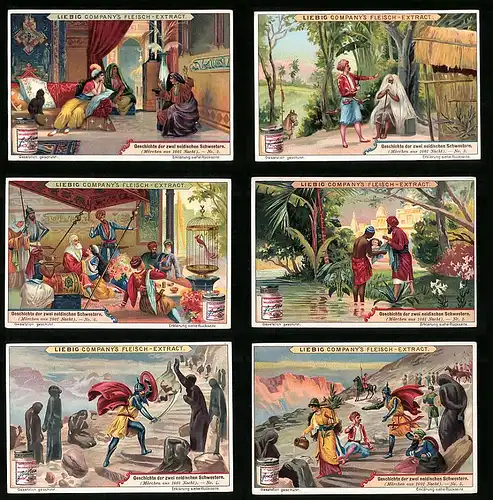 6 Sammelbilder Liebig, Serie Nr.: 685, Geschichte der zwei neidischen Schwestern, Märchen aus 1001 Nacht