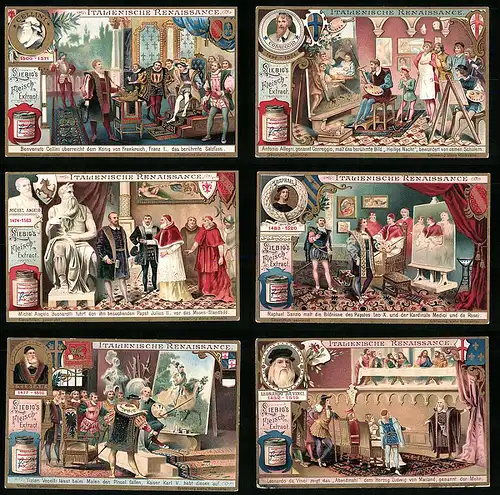 6 Sammelbilder Liebig, Serie Nr.: 794, Italienische Renaissance, Tizian, Da Vinci, Raphael, Michel Angelo, Correggio