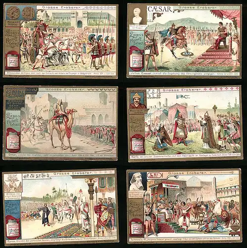 6 Sammelbilder Liebig, Serie Nr.: 725, Grosse Eroberer, Tutmosis III, Cyrus, Karl der Grosse, Omar, Caesar, Alexander