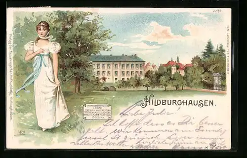 Lithographie Hildburghausen, Ortspartie und Frau im Kleid