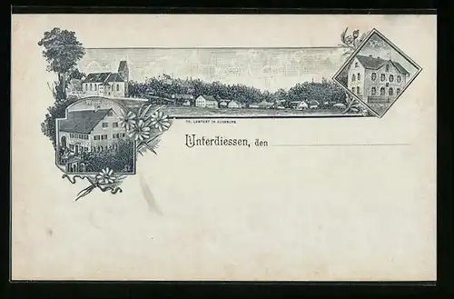 Lithographie Unterdiessen, Pfarrhaus, Post, Panorama