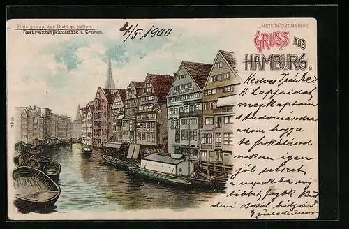 Lithographie Hamburg, Fleet zwischen Deichstrasse und Cremon, Halt gegen das Licht: Abendstimmung