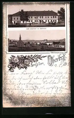 Vorläufer-Lithographie Oberhof, 1895, Ansicht vom Gasthof, Teilansicht mit Kirche