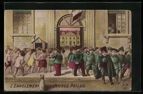 AK L`Enrolement des Jeunes Poilus, Kleine Soldaten in Uniform, Kinder Kriegspropaganda