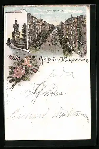 Lithographie Magdeburg, Kaiserstrasse, Krieger-Denkmal