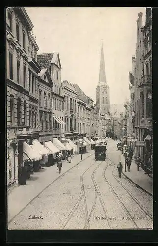 AK Lübeck, Breitestrasse mit Jacobikirche und Strassenbahn
