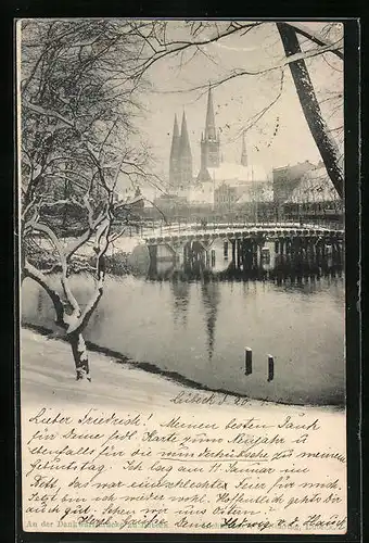 AK Lübeck, Dankwartsbrücke im Winter