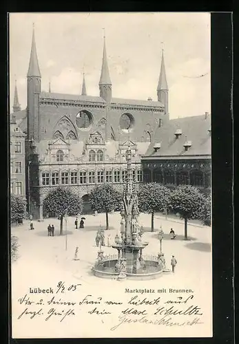 AK Lübeck, Marktplatz mit Brunnen