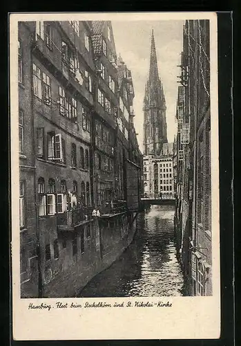 AK Hamburg, Fleet beim Steckelhörn und St. Nikolai-Kirche