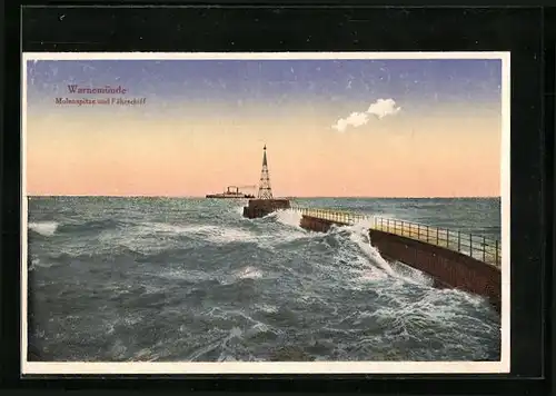 AK Warnemünde, Molenspitze und Fährschiff