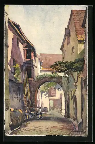 Künstler-AK Riquewihr, Strassenpartie mit Torbogen