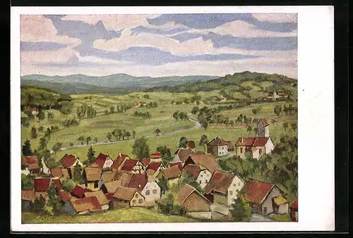 Künstler-AK Luffendorf / Jura, Ortspartie aus der Vogelschau